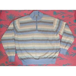 Men large wool linen sweater all 4 seasons blue cream mockneck 1/4 zip pullover